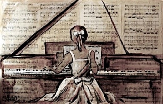 painting over sheet music of young girl playing a grand piano